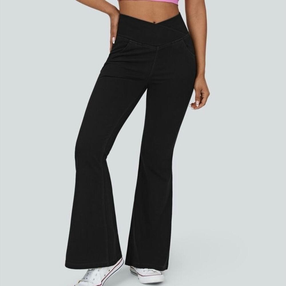 Halara Flex™ High Waisted Crossover Stretchy Super Flare Black Jeans Size L Tall